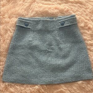 Zara Pale Blue Tweed Mini Skirt with Decorative Waist Tabs